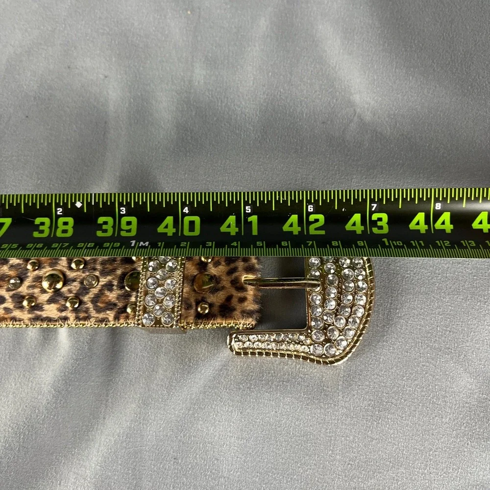 Kathy Van Zeeland Womens Belt Large Leopard Print Gold Studded Rhinestone Buckle